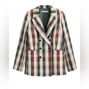 MANGO plaid double breasted linen/cotton blend blazer size S